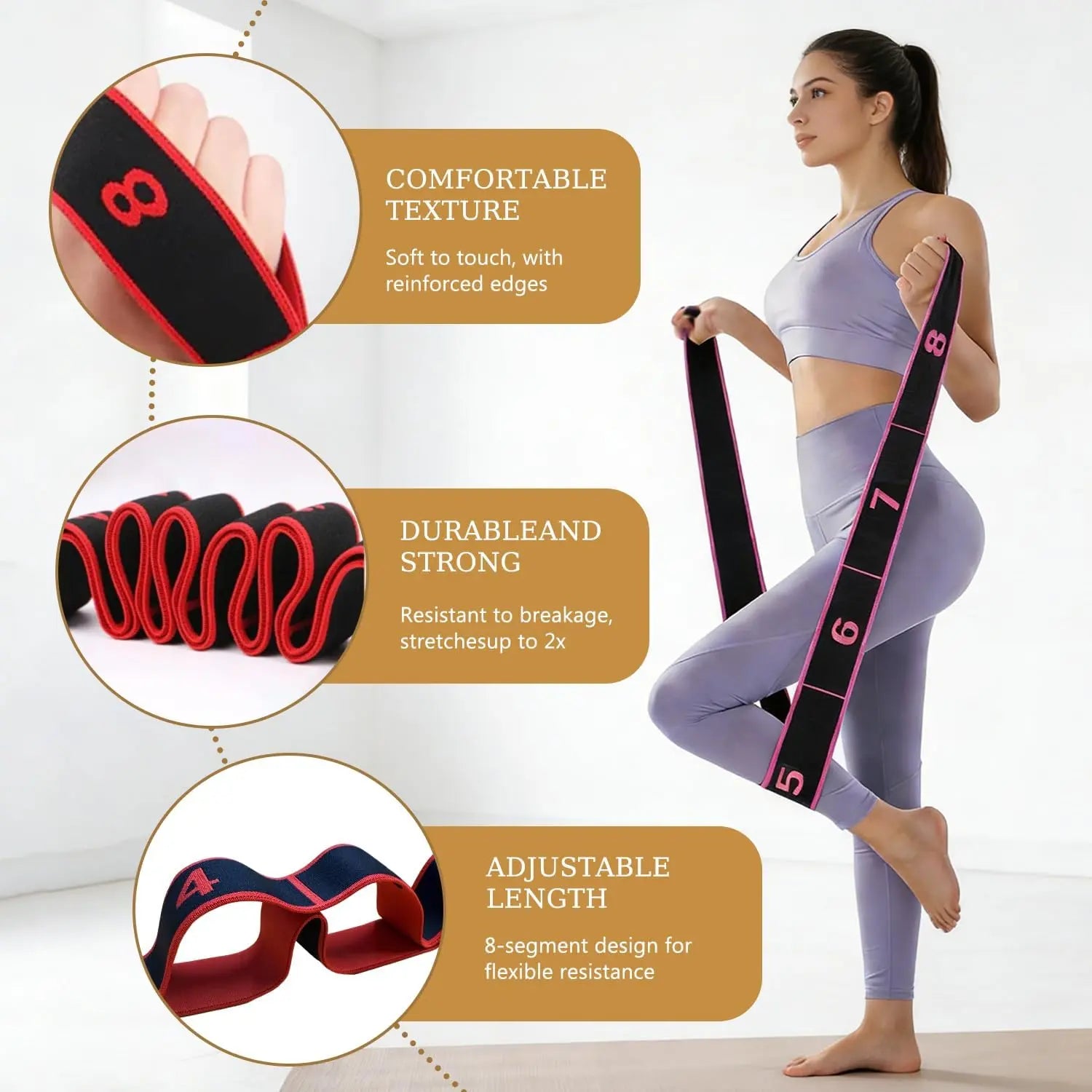 Professional Stretching and Yoga Resistance Bands with Clear Markings - 8-Section Elastic Training Bands