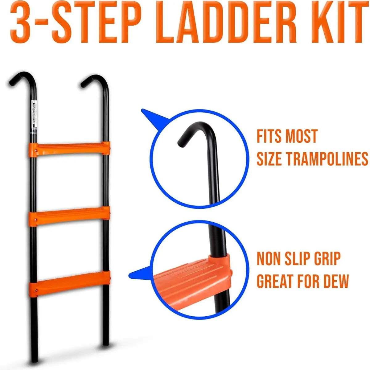 Trampoline Ladder 40"X14" Universal 3 Step Powder Coated UV Treated Steps for All Weather Sturdy Safe Design Outdoor Home Workout