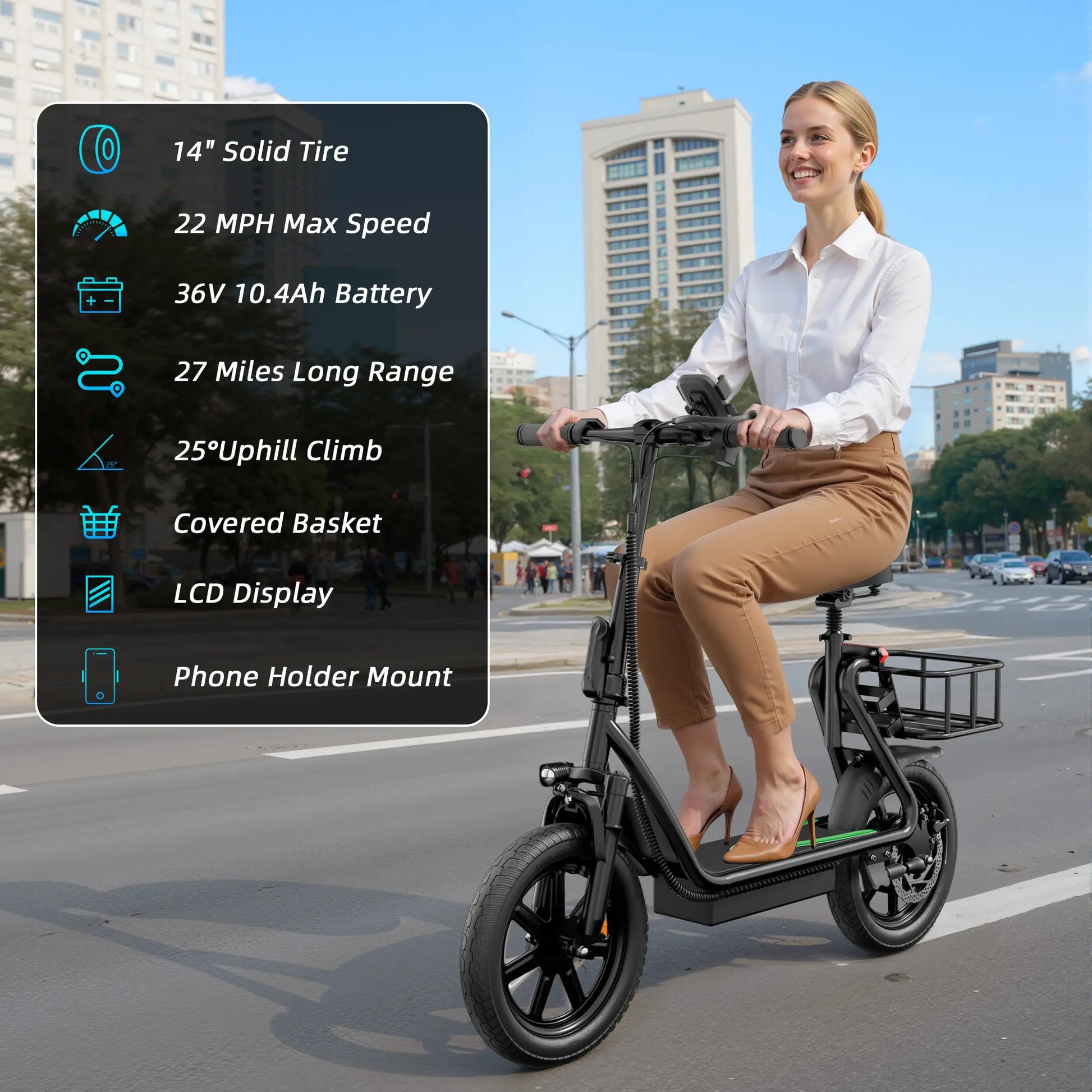 Summervibes [AOPO] Electric Scooter with Seat, 500W Motor, 22MPH Top Speed, Adults Electric Scooter with Large Storage Basket for Pets Dogs and Items Ev Scooter E Bike