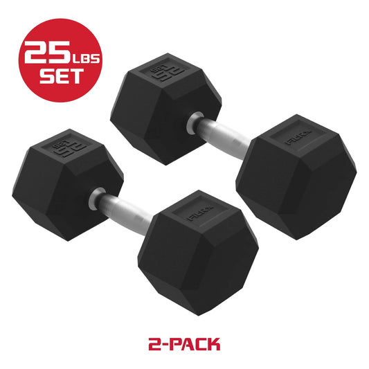 Fitrx 25 lbs Rubber Hex Dumbbell Set - Solid Steel Handles, Durable Rubber Coating, Anti-Roll Design, Pair