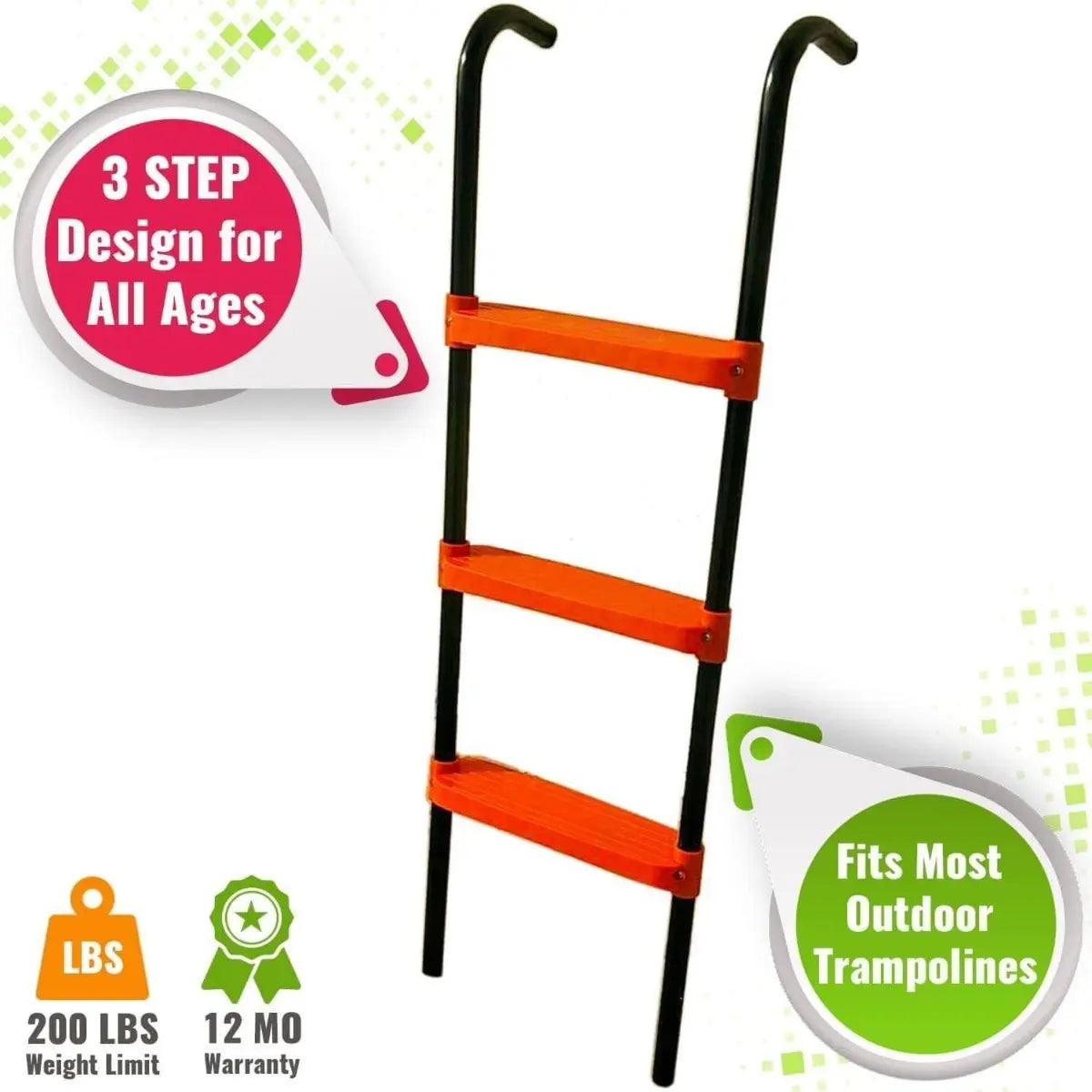 Trampoline Ladder 40"X14" Universal 3 Step Powder Coated UV Treated Steps for All Weather Sturdy Safe Design Outdoor Home Workout